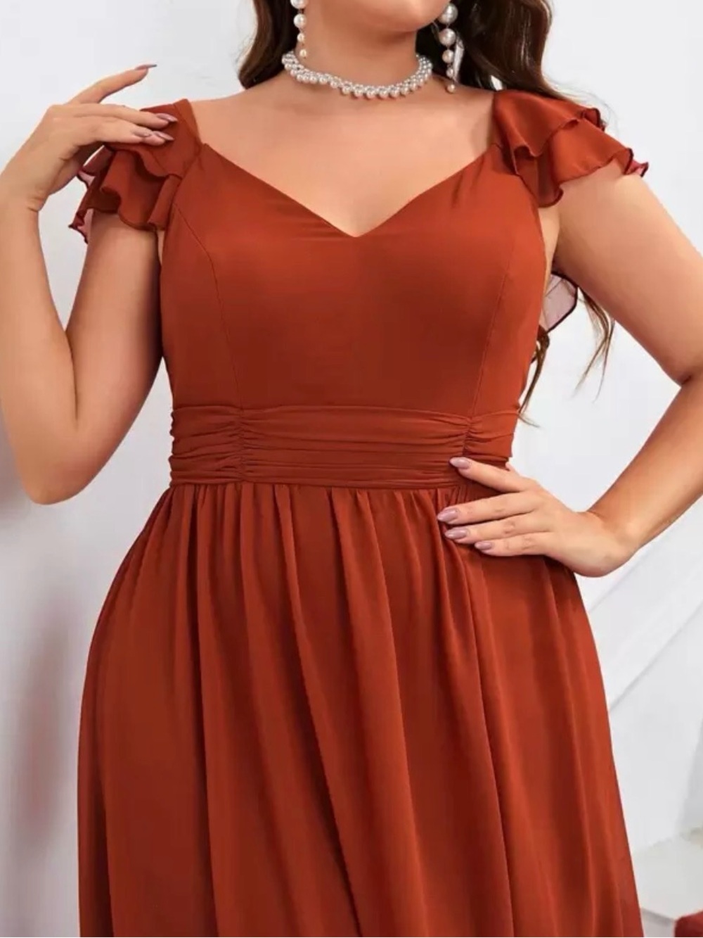 Rust Orange V-Neck Ruffle Trim Dress with Flutter Sleeves low V back